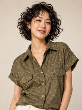 Michael Kors Olive Green Short Sleeve Button-Down with Gold Star Print